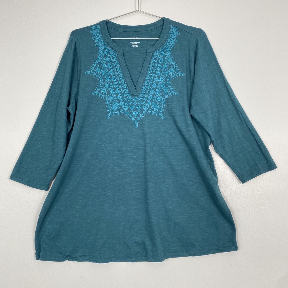 Pure Jill Shirt Womens Large Blue Embroidered 3/4 Sleeve V Neck Tunic Top Cotton